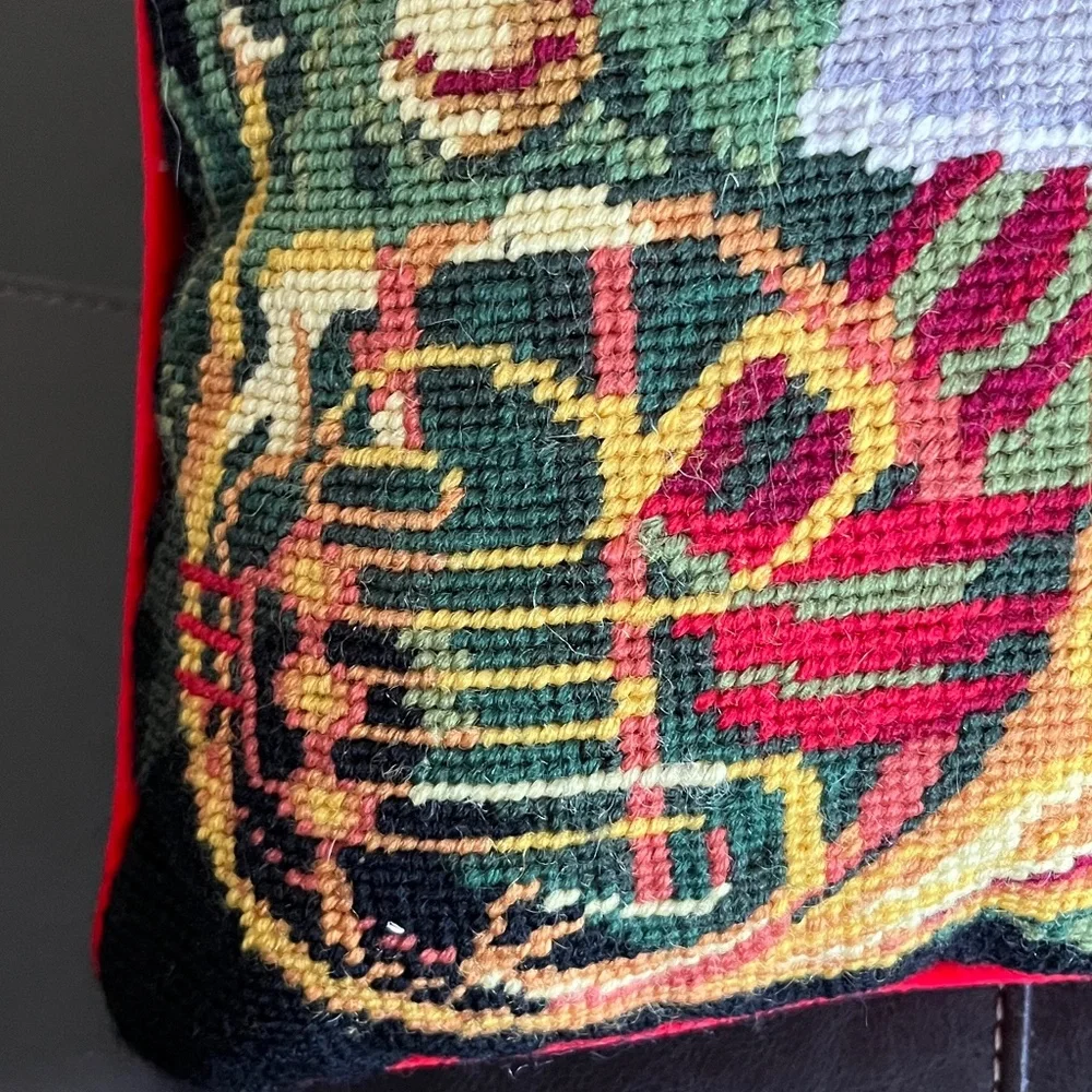 Christmas Angel Musical Instrument Pillow WOOL NEEDLEPOINT, RED velvet 14 x 14